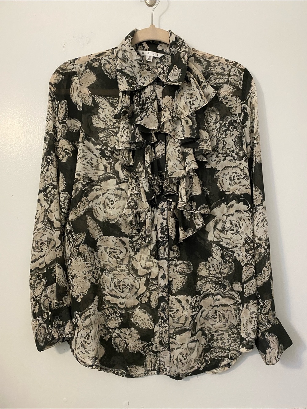 Cabi Ruffle Front Black & Cream Floral Blouse